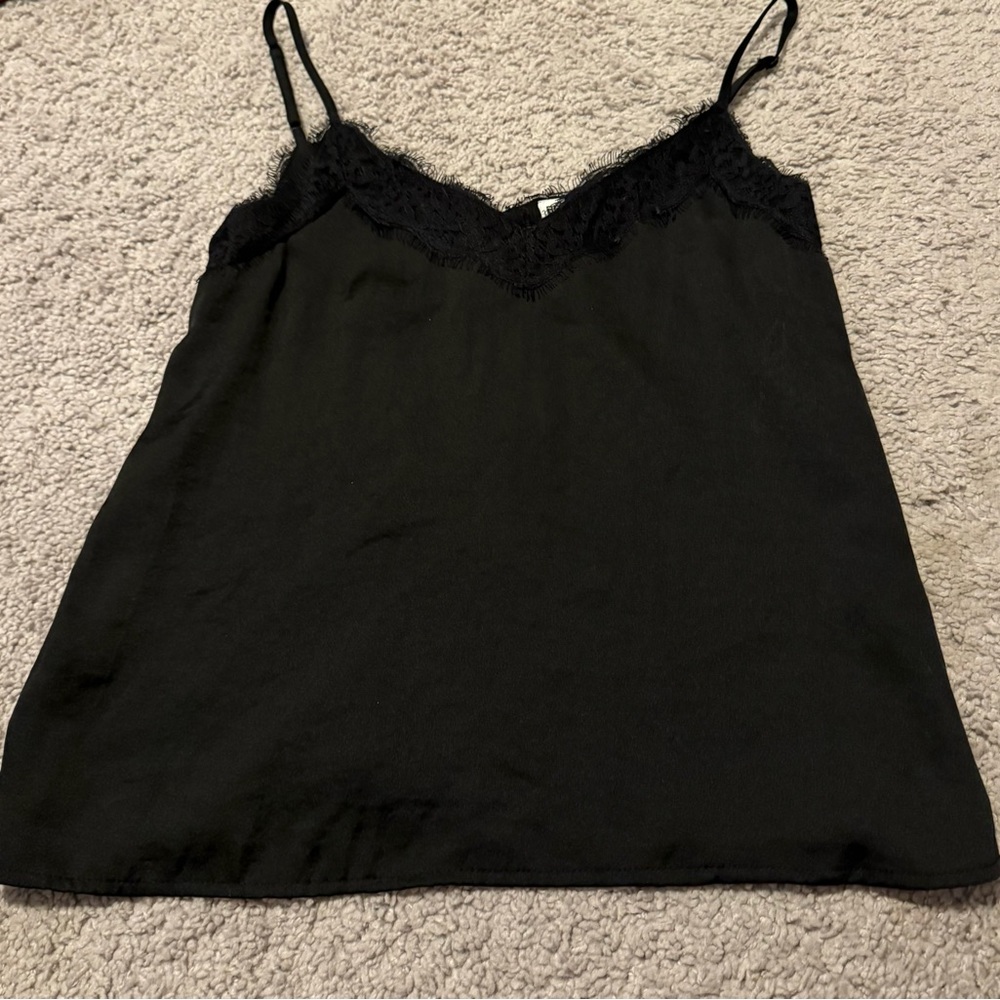 Black satin B.P. Tank with lace trim in XXS
